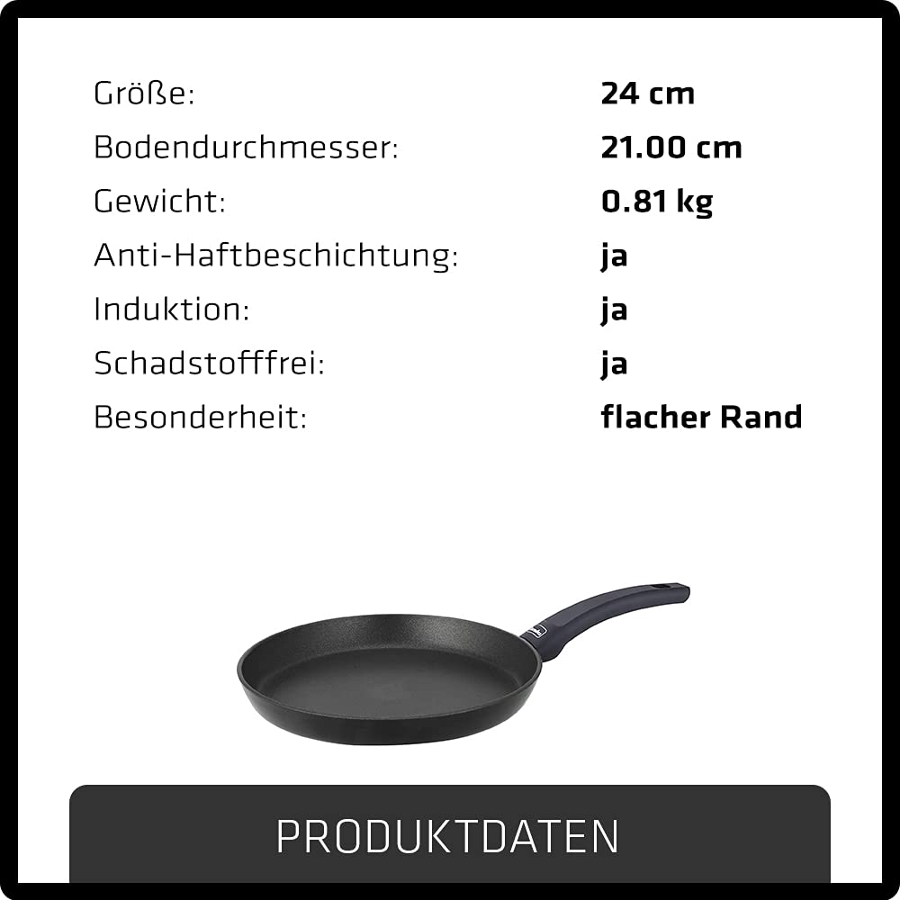 Berndes Patelnia 24 cm, płaska patelnia do naleśników i naleśników, indukcja, aluminium, powłoka zapobiegająca przywieraniu