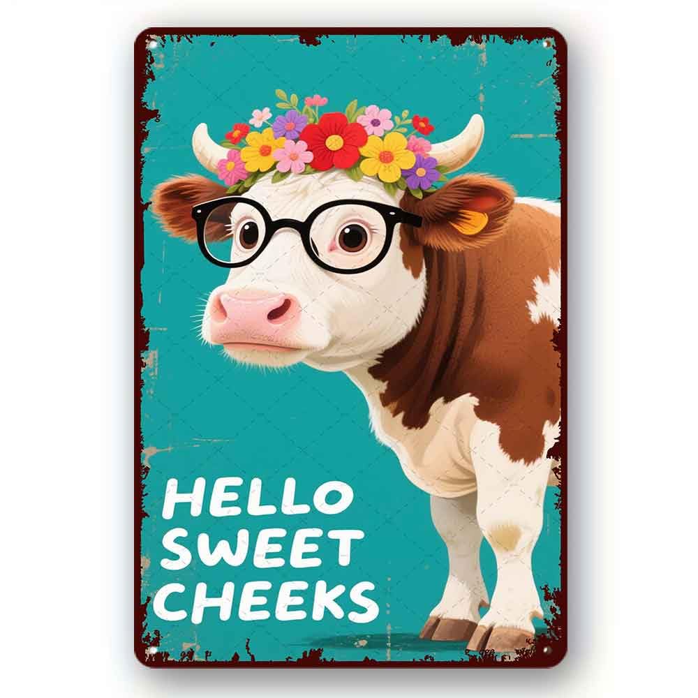 peiyeety Funny Metal Tin Sign Hello Sweet Cheeks Cow Vintage Metal Sign For Home Outdoor Indoor Office Bar Yard Decor 8x12 Inch