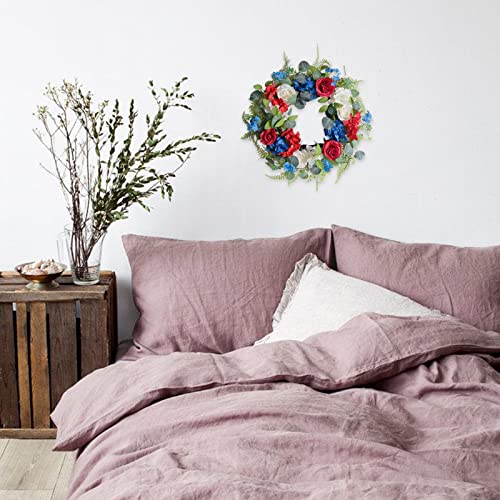 18 Inch Patriotic Forth Of July Roses Eucalyptus And Hydrangea Flowers For Front Door And Wall, Memorial Day Independence Artificial Flowers Wreath For Indoor, Spring Summer Door Wreath #TOP4