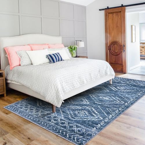 KILOCOCO Living Room Rug 5x7 Area Rug Printed Boho Washable Bedroom Rugs Non Slip Soft Large Moroccan Indoor Rugs for Dining Room Office Farmhouse Geometric Carpet, Stonewashed Blue