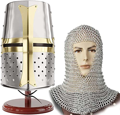 Image of AnNafi Medieval Knight Armor Crusader Helmet + Aluminium Chainmail Coif Headpiece Hood V-Neck+ Helmet Stand, Larp Knight Crusades Costume Templar Reenactment Cosplay, Medieval Costumes Helm Armor SCA