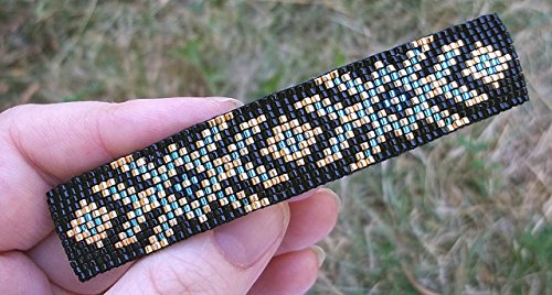 Geometric Tribal Beaded Large Barrette Black Gold and Blue Loom Beading with Authentic French Clip Hair Barrette
