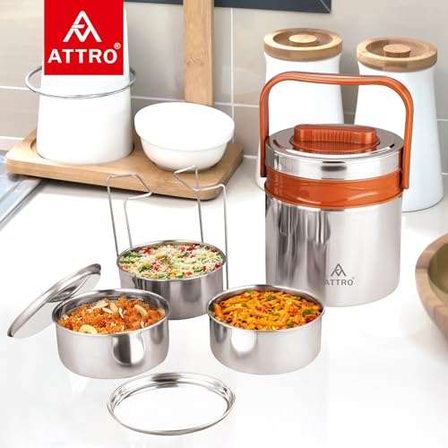ATTRO Steel On 3 Insulated Tiffin Box, 3 Containers, Brown, 900ml - Image 6