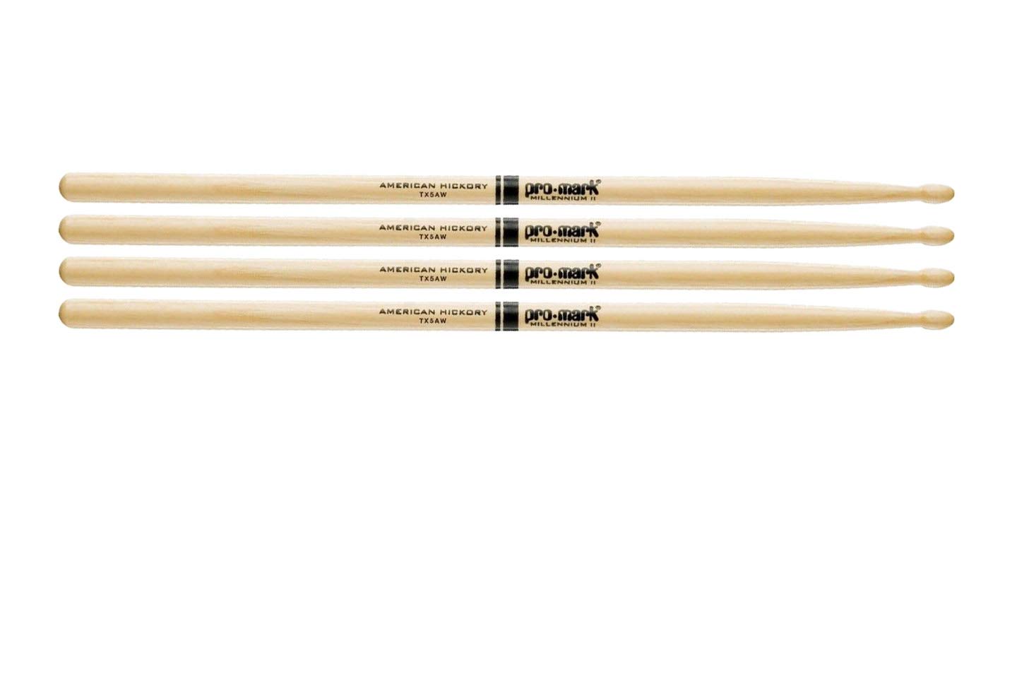 2 PACK Promark American Hickory Classic 5A Drumsticks, Oval Tip TX5AW-2