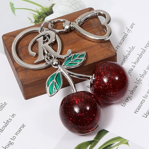 Heart-Shaped Keychain with Initial A-Z and Cherry Charm Bag Charms for Women,Car Accessories
