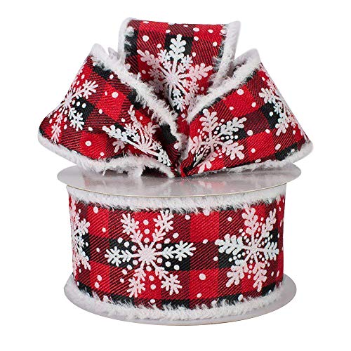 Image of Buffalo Plaid Snowflake Wired Ribbon - 2 1 /2 inch x 10 Yards, Red & Black Checks, Christmas, Wreath, Fuzzy Flocked Edges, Wreath, Gift Wrapping, Tree Decoration, Bows, Presents