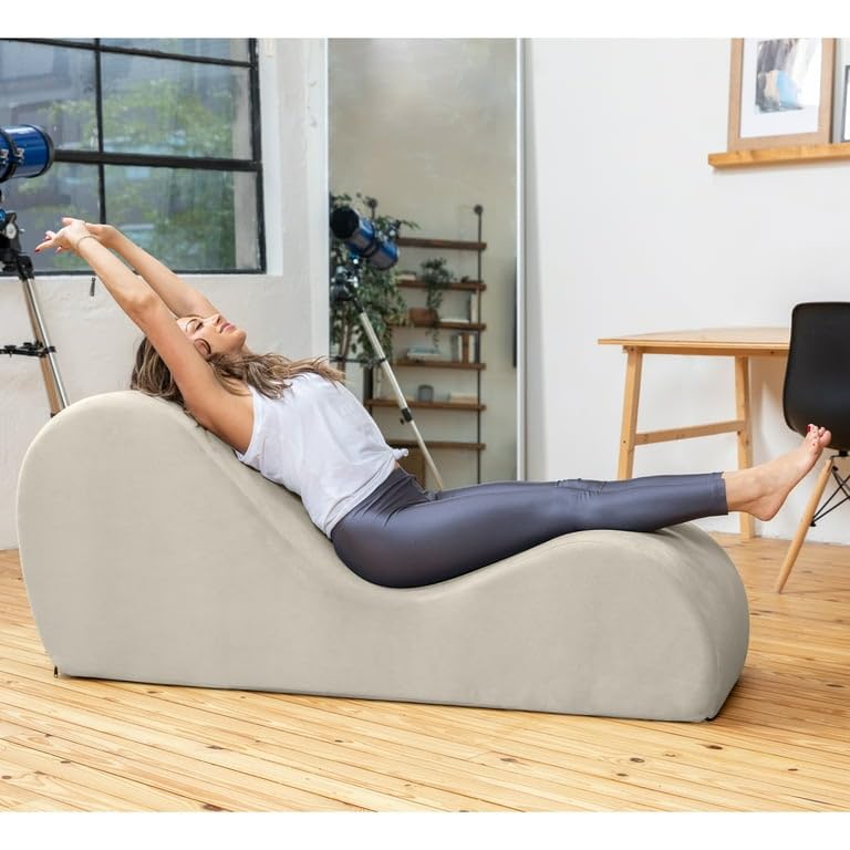 Image of Wooden Luxury Yoga Lounge Chair | Premium Chaise Lounge Sofa with Velvet Upholstery | Living Room, Bedroom & Reading Lounge Furniture | White