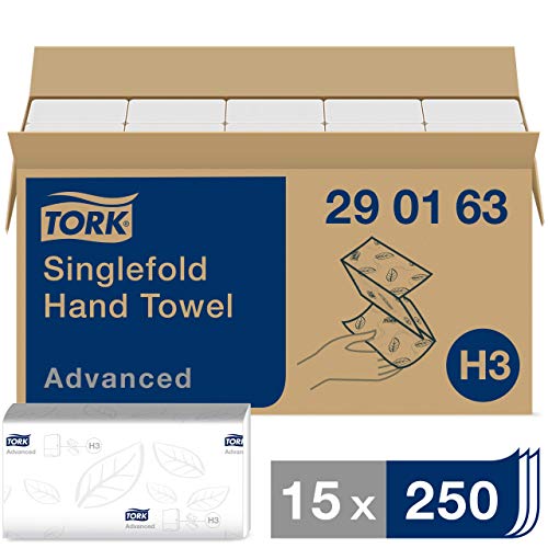 Tork Essuie-mains pliés en V Advanced - 290163 - Papier d'essuyage pour Distributeur H3 - Absorbant et indéchirable grand 2 plis blanc - 15 x 250 feuilles