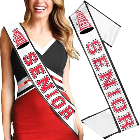Red Senior Cheer Sash - Ribbon Edge Red Sparkle with Black Outline Cheer Senior White Premium Grade Satin Sash - Senior Night Decorations (RbnCheer RED w/BLK) WHT Cover