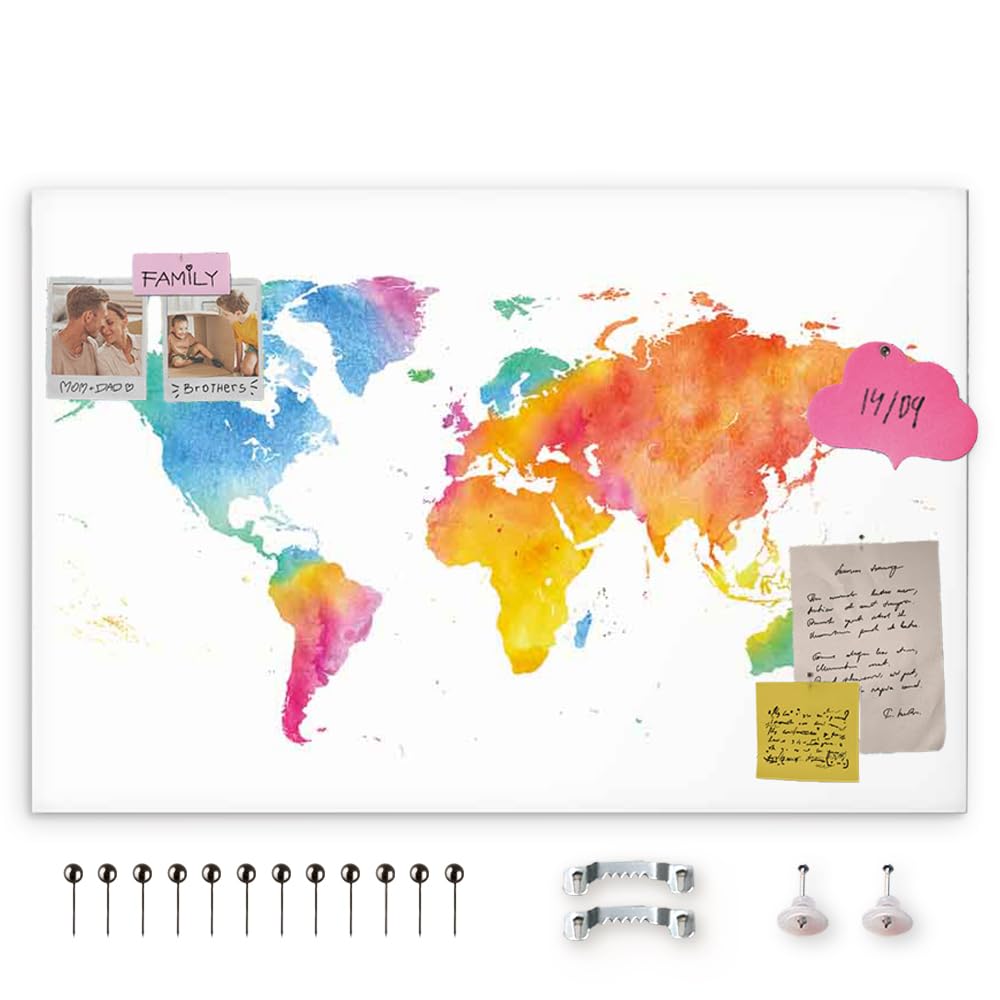 decomonkey Canvas World Map Pin Board with 50 pins - 35.4" x 23.6" / 90x60 cm White Fibreboard Push pin Travel map Wall Art - Traveler's Bedroom Office Living Room