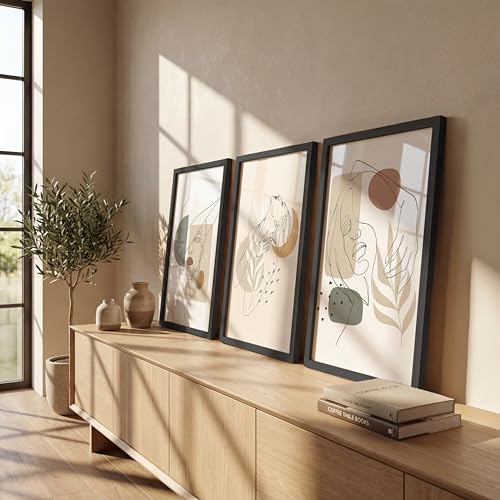 Image of NoWorries Minimalist line art wall Framed Painting Set of 3 | Abstract woman face Prints with Frame | Boho neutral wall decor modern gallery wall set | Scandinavian art prints feminine line drawing | Beige Aesthetic living room, bedroom and office decor contemporary wall art (Art-16, 10x13inch, Wooden)