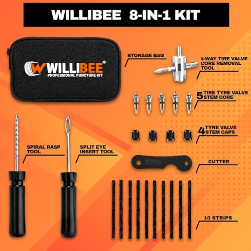 Image of WILLIBEE 8-in-1 (Pack of 10 Strips) Tubeless Tyre Puncture Repair Kit for Bike & Car | Heavy-Duty Puncher Kit (Includes Storage Bag) | Emergency Tyre Fix Tool Set
