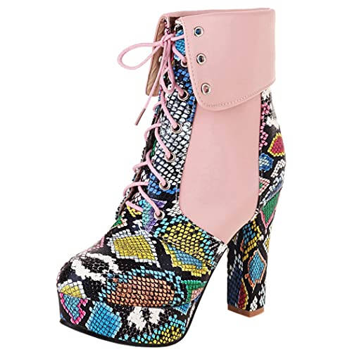 KIKIVIVI Womens Platform Snakeskin Ankle Boots Lace Up Chunky High Heel Booties