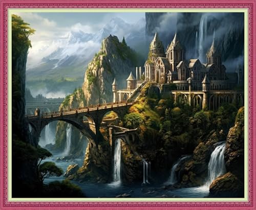 Image of Disnesart Cross Stitch Stamped Full Embroidery Kits DIY 11CT Cotton Thread Printed DIY Needlepoint Kits Craft Needlework Set Cross-Stitch Stamped Sets-Castle Scenery 16x20 inch