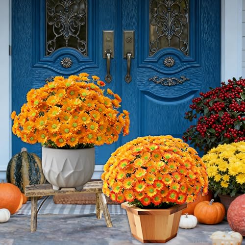 dybyss 10 Bunches Artificial Sunset Mums Artificial Outdoor Sunset Flowers UV Resistant Waterproof Windproof Look Real Fall Vibrant for Sunsets Flowers Outside Decoration (Orange)