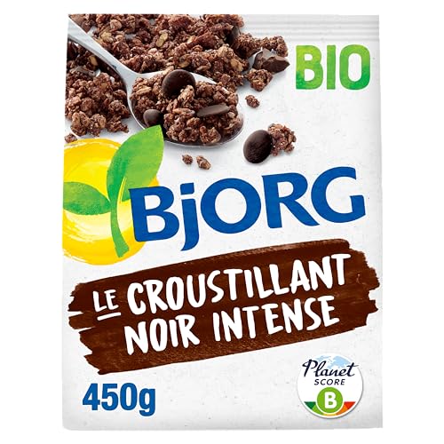 BJORG - Croustillant Noir Intense - Céréales Complètes - Chocolat Noir - Riche En Fibres - 450g
