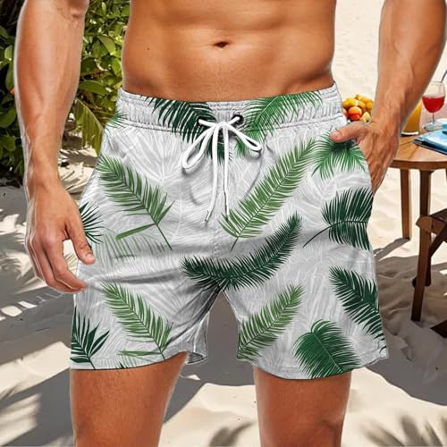 Beach Shorts Men | Casual Hawaiian Plant Graphic Beach Shorts - Breathable Quick Dry Swim Trunks for Vacation Everyday Wear White2
