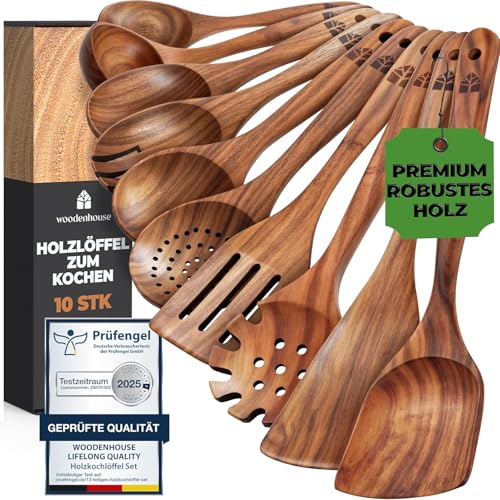 Kochlöffel Holz Set - Holzkochlöffel 10 Stück aus Teakholz - Holzlöffel, Pfannenwender Holz und weitere Kochbesteck Set - Natürlich & Perfekt...