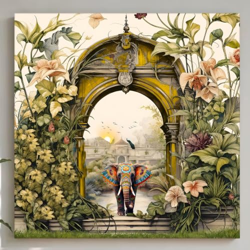Image of PAINTINGMANTRA Stretched Canvas Painting Mughal Garden with Elephant Modern Wall for Home Decor, Living Room, Wall Decoration Paintings (Green, Size: 22x22 Inch)