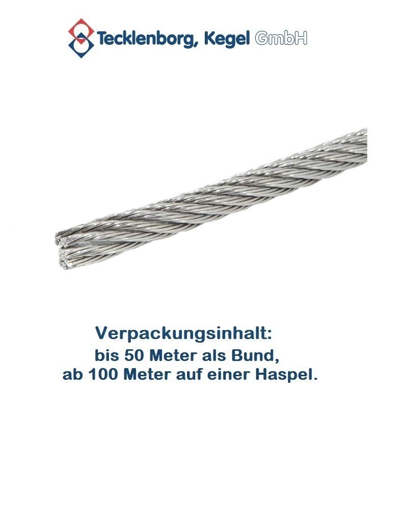 Edelstahlseil, 50m, 10mm Ø, 8x7 PP, Entmistungsseil, mittelweich | mit Polypropyleneinlage, mittlere Dehnung, Drahtseil, Entmistungsseil für die Stalleinrichtung - Tecklenborg, Kegel GmbH