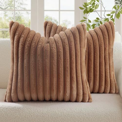 Image of decorUhome Fall Cozy Faux Fur Throw Pillow Covers 18x18 Set of 2 Decorative Soft Plush Striped Modern Farmhouse Boho Couch Pillow Cases with Velvet Back for Sofa Bed Living Room, Brown