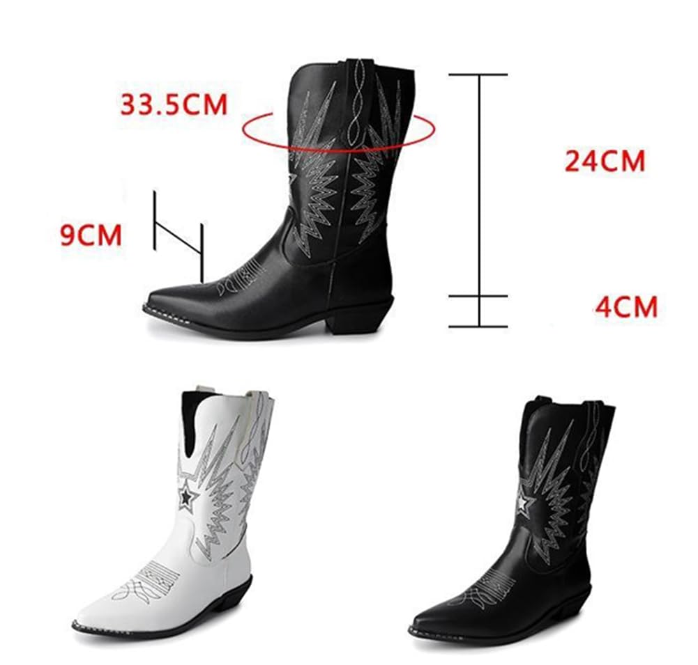 Stivaletti da Cowgirl Occidentali Donna, Stivali Country Casual in Pelle con Punta Tagliata Ricamata retrò, Stivaletti Classici Comodi con Tacco Basso e cuciti,Nero,46 EU