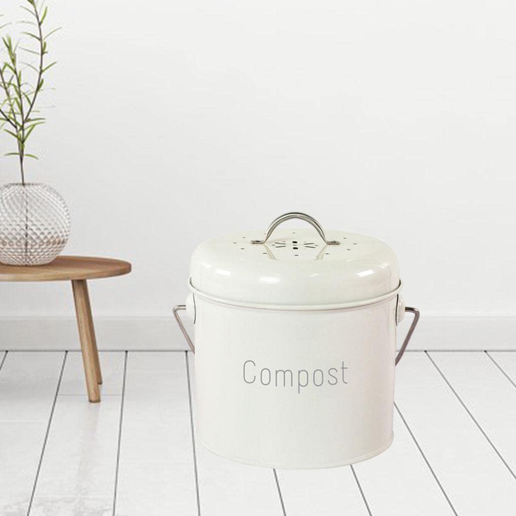 Compostador de Cocina con Asa, a Prueba de Fugas, con Filtro de Carbón Metálico Y Tapa Extraíble, Apto para Residuos de Cocina Y del Hogar, Blanco lechoso