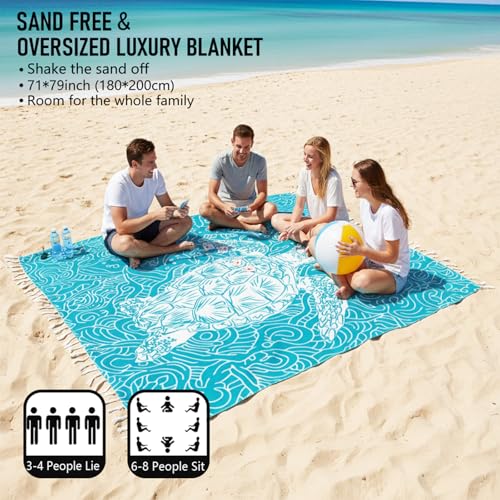 Image of Oversized Turkish Beach Towel Blanket Cotton Giant XL Sandproof Towels Huge Linen XXL Extra Large Big Throw Quilt Blankets for Adults Cloud Travel Camping Glamping Accessories Essentials Turtle