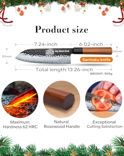 Image of FAMCUTE Engraved 7'' Japanese Santoku Knife, Hand Forged 5-Layer Steel Chef'Knife with Rosewood Handle, Memorial Gifts for husband, Ultra Sharp Kitchen Knife for Dad Birthday Gift (Luxury Wood Box)