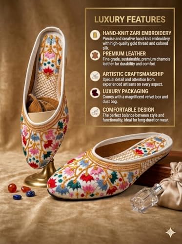 Image of Women Embroidered Jutti, Floral Ethnic Mojari, Slip-On Flats for Wedding, Festive (UK Footwear Size System, Adult, Women, Numeric, Medium, 10) Multicolour