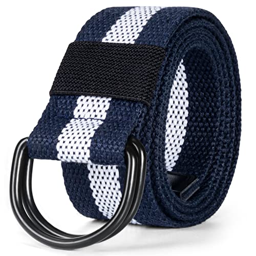 maikun Mens & Womens Canvas Belt with Black D-ring 1 1/2' Wide, Cloth Dark Blue & White Mens Belt, Length 110cm