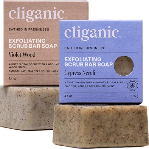 Cliganic Exfoliating Bar Soap For Men & Women Body Scrub Soap with 98% Natural Ingredients Cleanses Smooths & Revitalizes Skin Moisturizing Soap Bar- Cypress Neroli & Violet Wood Scents (2 Pack)