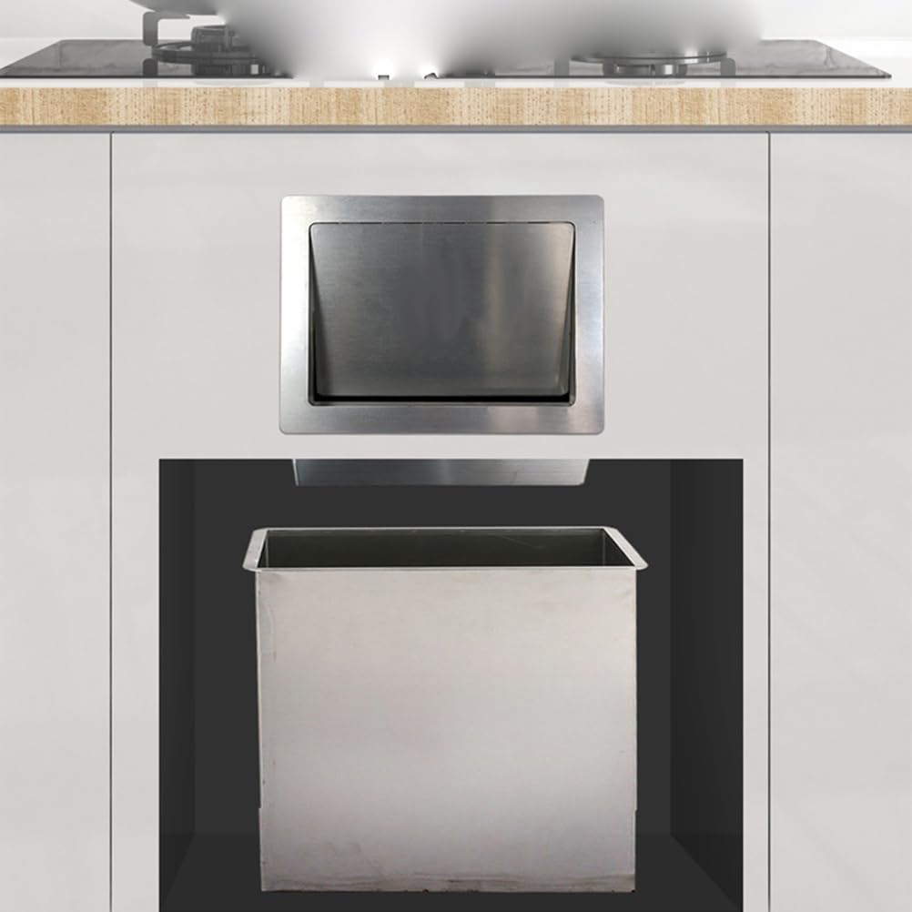 Rectangle 304 Stainless Steel Trash Can Lid, Replacement Side Opening Trash Bins Cover, Under Kitchen Garbage Chute with Inward Flip Garbage Can Lid,Silver,Style A