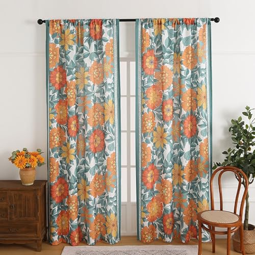 Homxi Cortinas Opacas 2 Piezas Termicas,2 x 130W x 214H CM,Cortina de Patrón de Hojas y Flores Naranja Azul Cortina Bolsillo