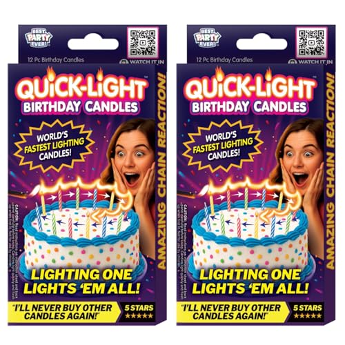 BEST PARTY EVER! Quick Light Birthday Candles - Lighting One Candle Lights Them All - Amazing Chain Reaction Candles - Multi-Color - 2-Pack (24 Candles)