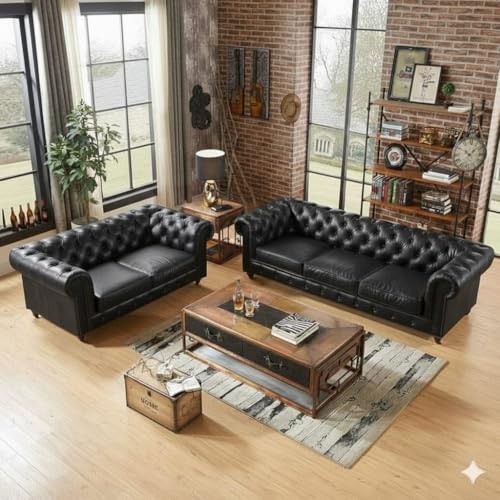 Image of Classic Leatherette Chester Sofa Set Button Tufted, Classic Style Sofa Set 3-Person Sofa for Living Room, Office, and Hallway Colour (Black Leatherette, 3+2=5 Seater Sofa)