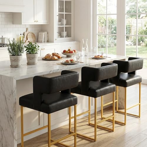 Image of 26 inch H Bar Stools Set of 4 with Back, Faux Leather Counter Height Stools with Footrest, Square Metal Frame, Modern Upholstered Bar Chairs for Kitchen Island /Dining Room, Black & Gold Legs