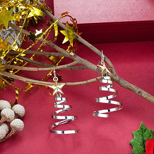 Handmade Christmas Tree Dangle Hoop Earrings Golden Silver Two Tone Women Holiday Gift, Thanksgiving Themed Earrings, Christmas Party Gift2