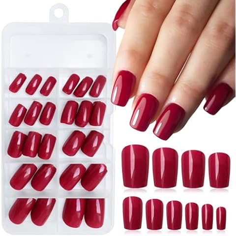 LuckForever 120pc Medium Press on Nails Square Fake Nail Tips, Red Square Press on Nails Medium False Nails Press ons Artificial Fingernail & Glue Adhesive Tabs File Nail Kit for Women Girls Kids Cover