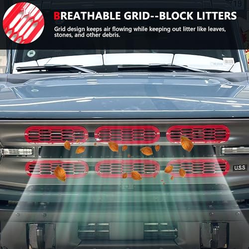 Image of Front Grill Inserts Cover Trims Mesh Grille Frame Kit Compatible with 2021 2022 2023 2024 2025 New Ford Bronco 2 /4 Door Exterior Decoration Accessories Protection Decor Decal, 6Pcs Red