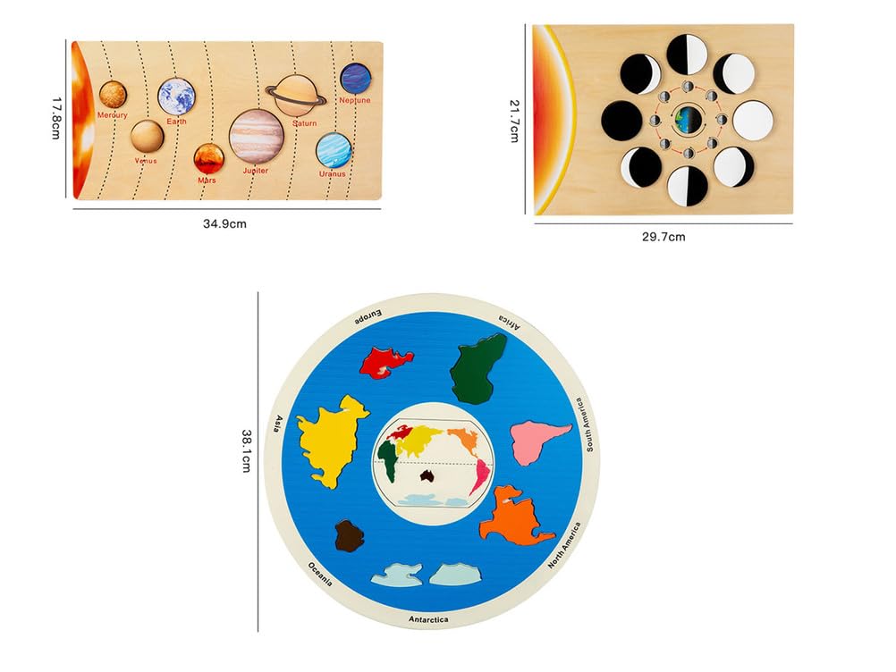 Drewniane puzzle Montessori Układ Słoneczny i Geografia, Gra dopasowująca planety, fazy Księżyca i kontynenty
