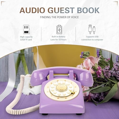 Image of Audio Guest Book Wedding Phone,32GB Memory Customized Audio Messages, Volume Adjustable, with Message Replay Feature, Suitable for All Kinds of Party(Purple+Golden Sign)