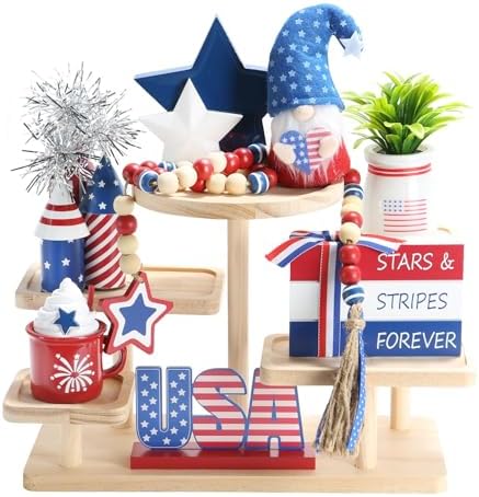 4th of July Decorations 8 Pcs Tiered Tray Decor, Patriotic Memori...