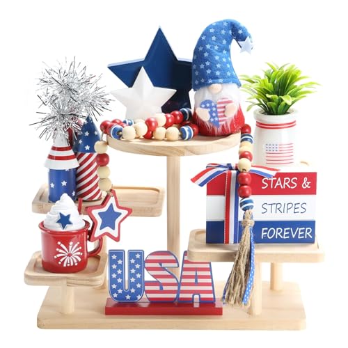 4th of July Decorations 8 Pcs Tiered Tray Decor, Patriotic Memorial Day Independence Day Decorations for Home Office Indoor, Fourth of July Table Centerpiece Shelf Mantel Red White and Blue Decor Sign