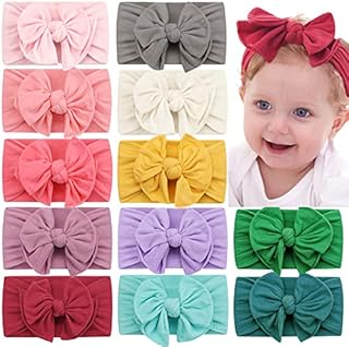 MiDoDo 12 Pcs Baby Headband Newborn Soft Elastic Baby Turban Headband Bowknot Headbands for Baby Girls Stretchy Nylon Baby Bow Headband Wide Hair Band for Baby Photography Props Accessories