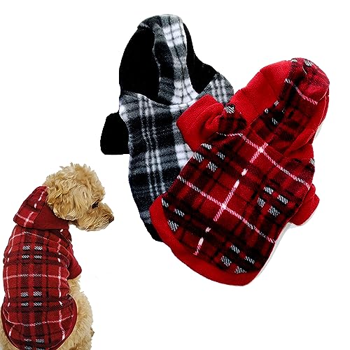Plaid Dog Hoodie Pet Fleece Sweater Winter Coat with Hat for Small Dogs Cats Classic Plaid Pet Clothes Puppy Pullover, Ideal Gifts for Holiday Christmas (Medium, PACK of 2 Black and Red Small Plaid)