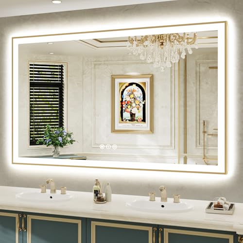 Image of 66x40 LED Bathroom Mirror with Lights, Gold Framed Lighted Mirror | Backlit and Front light, Anti-Fog, 3 Color Dimmable, Memory, Tempered Glass, IP54 Waterproof, UL Listed
