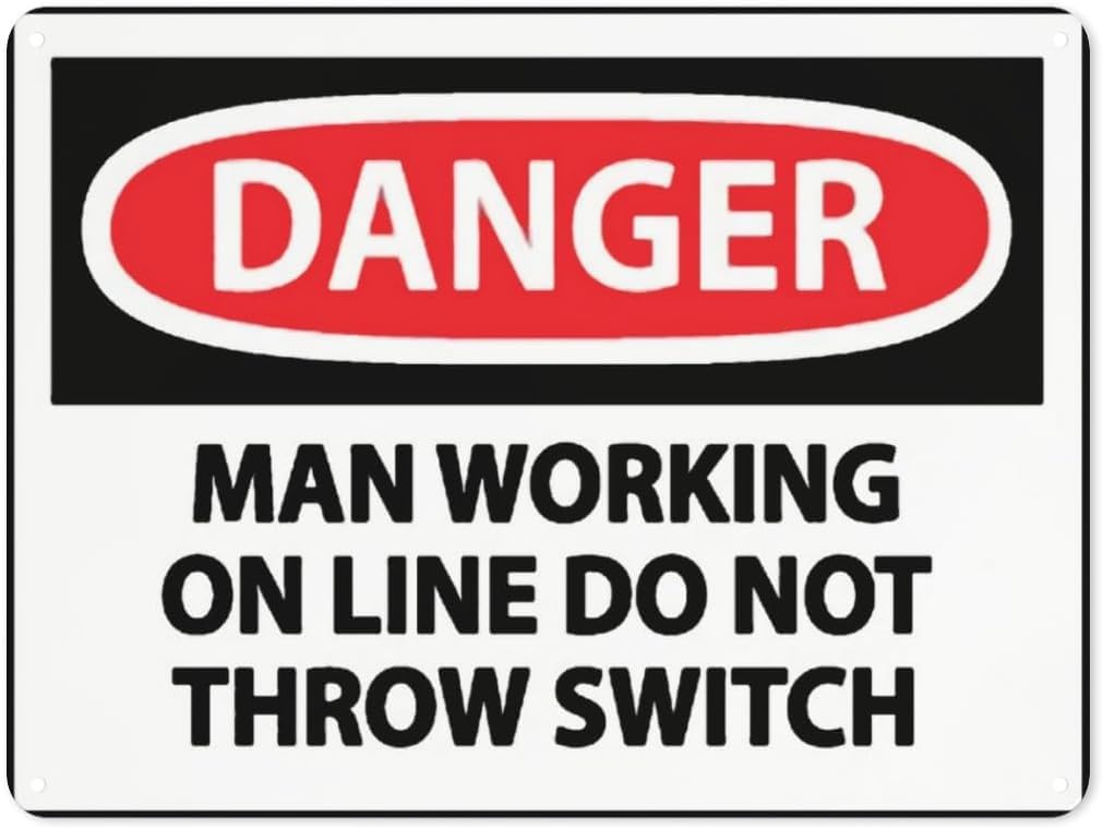 Warning Notice Danger Man Working On Line Rust Free Aluminum Tin Sign - Traffic Safety Decor with Pre-Drilled Holes for Workplace, Power Line Zone - 12x8 Inch​