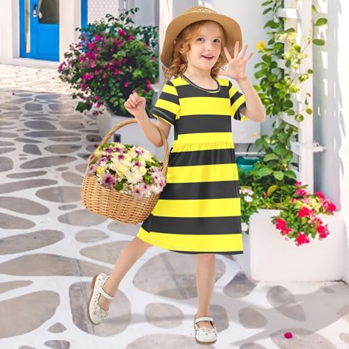 ALAZA Girls' Dresses Black and Yellow Stripes Short Sleeve Dresses4