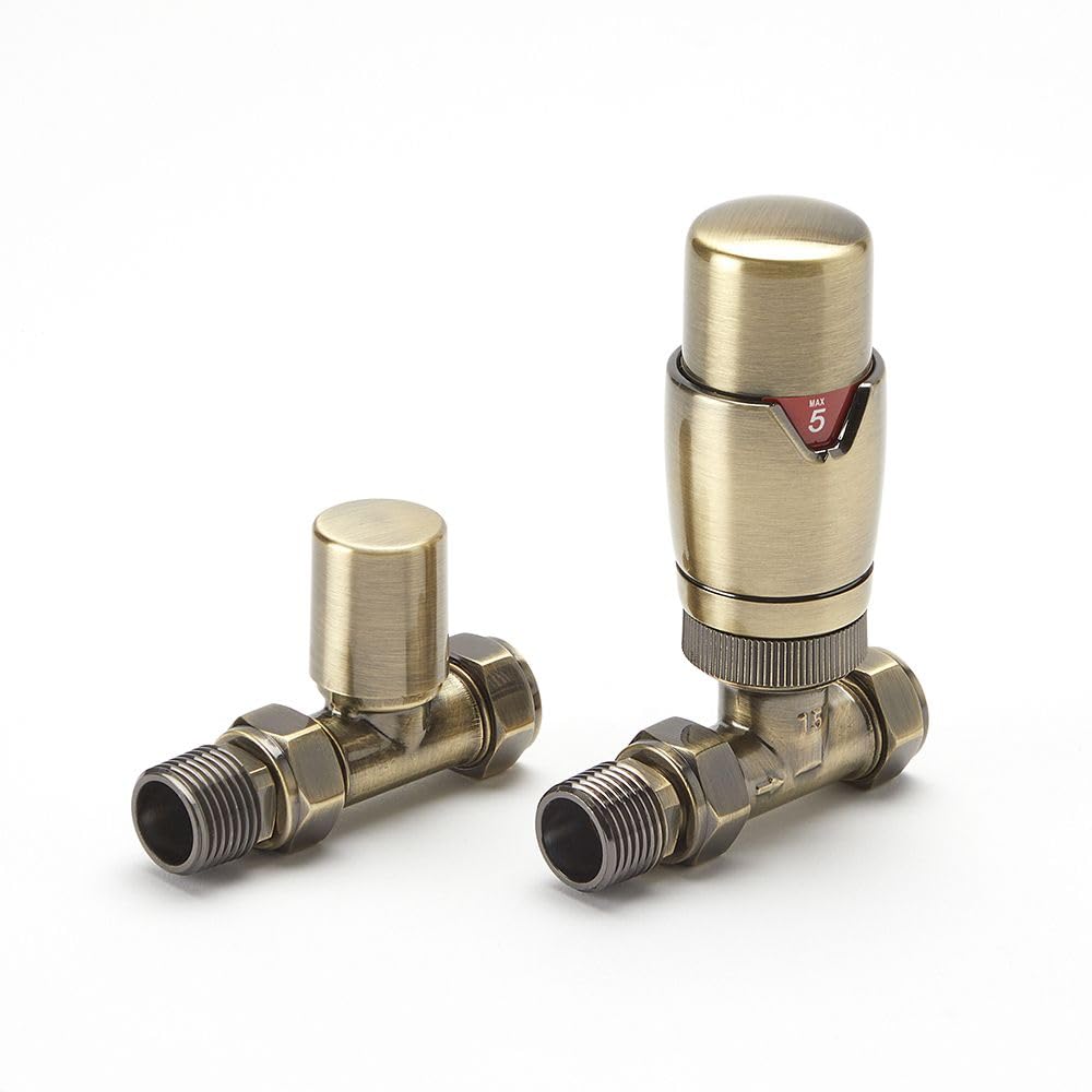 Milano Gold Brushed Thermostatic Straight Heated Towel Rail Radiator Valve Trv And Lockshield